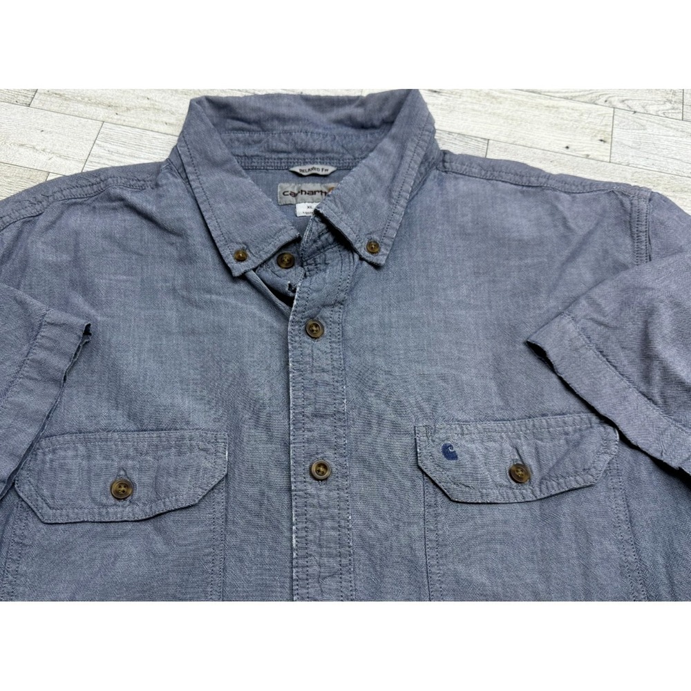 Carhartt Shirt Relaxed Fit Blue Cotton Chambray Button-Down Short Sleeve X-LARGE